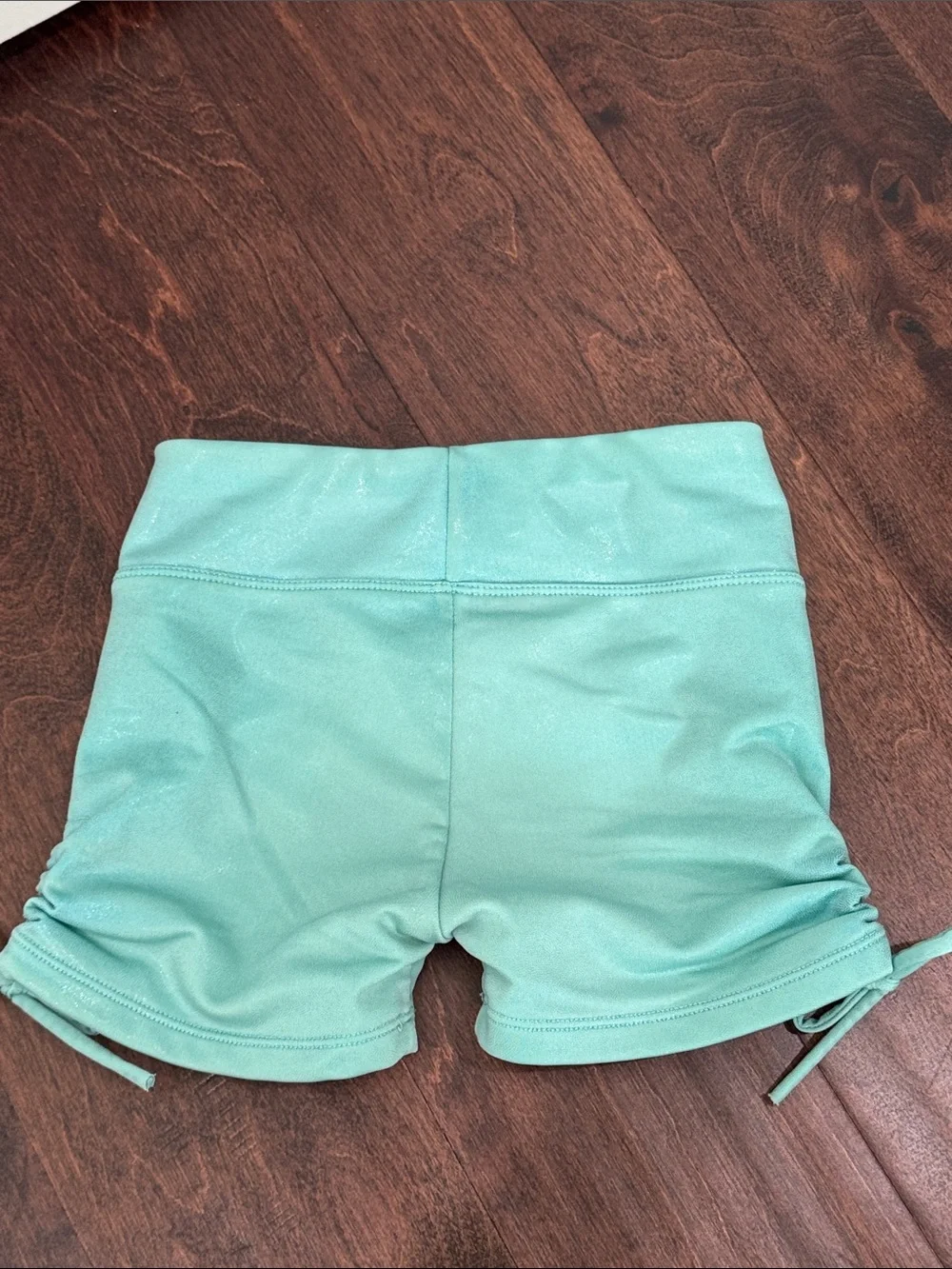 Justice Girls Dance Shorts Shimmery Aqua Blue Green Ruched Sides, size XS 5/6